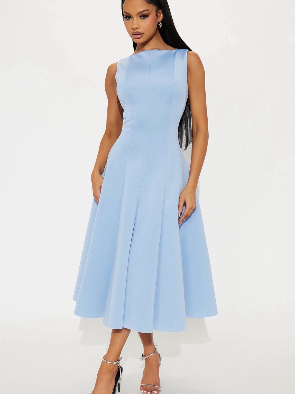 Fashion Nova Light Blue Sleeveless Fit-and-Flare Midi Dress